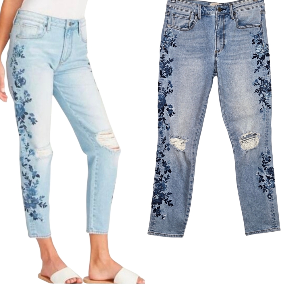 Driftwood Floral Embroidered Gizelle Girlfriend High Rise Skinny Ankle Jean 27